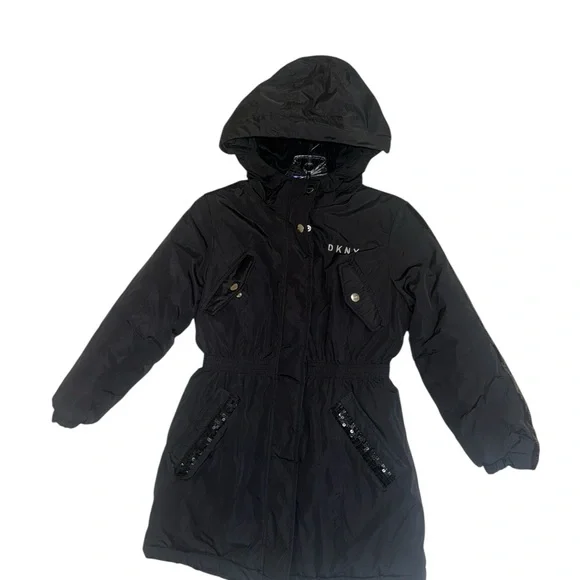 DKNY Girls Winter Puffer Rhinestone Detail Hooded Jacket Black Small (7/8 )